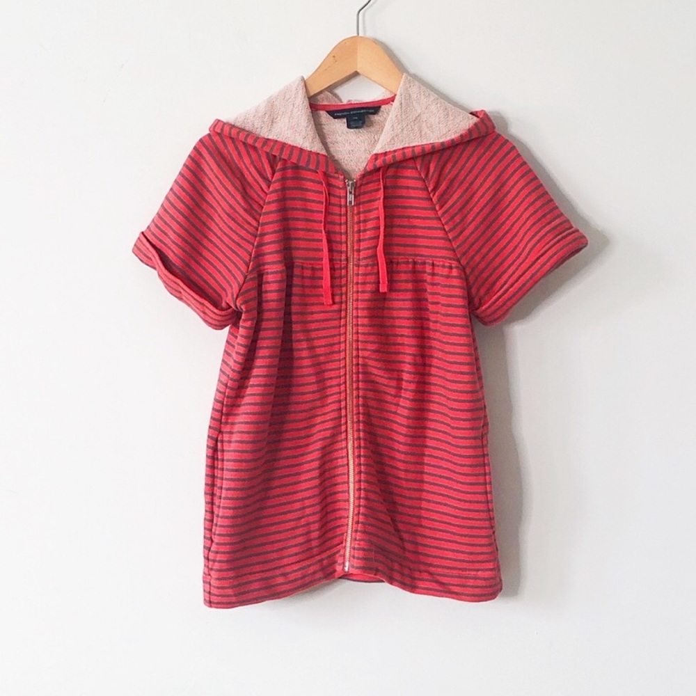 Vtg French Connection Orange Grey Striped Cotton Zip-Up Hoodie Ruffle Pockets XS